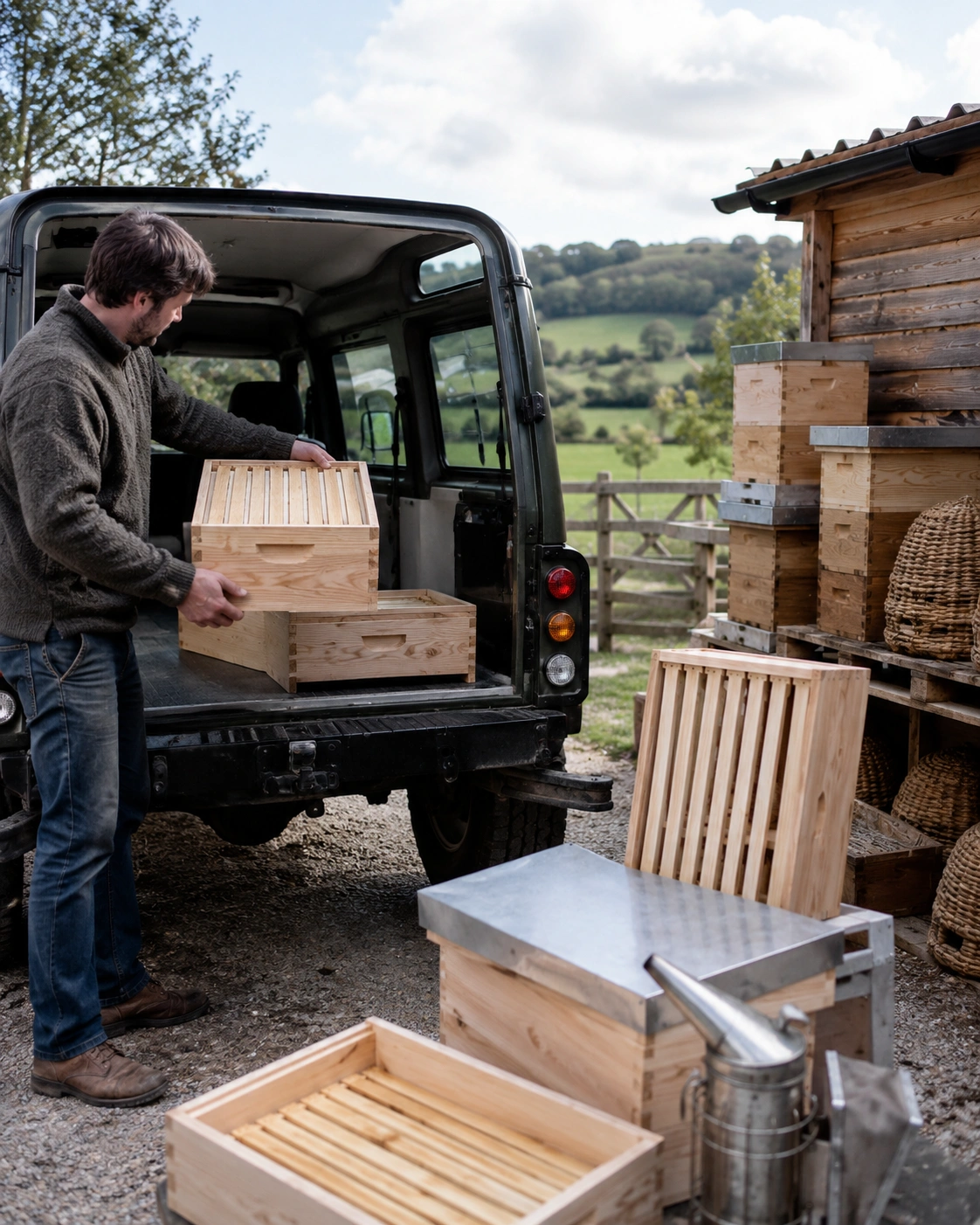 Someone purchasing and packing a beehive
