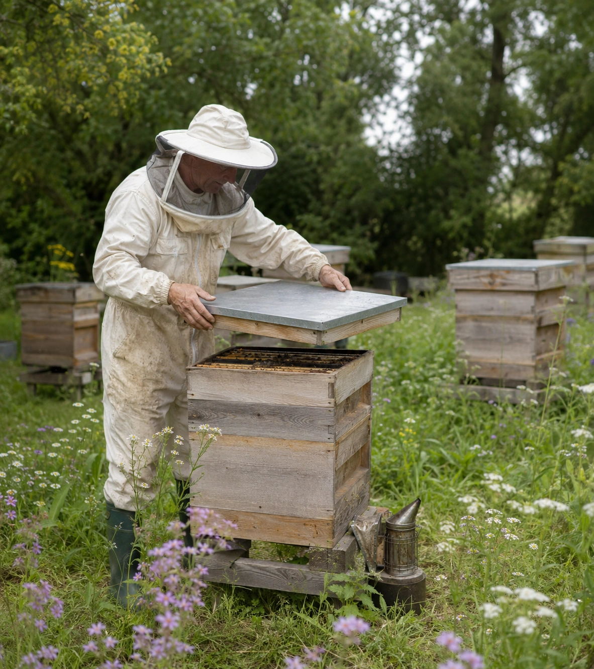 A man tending to bees in summer