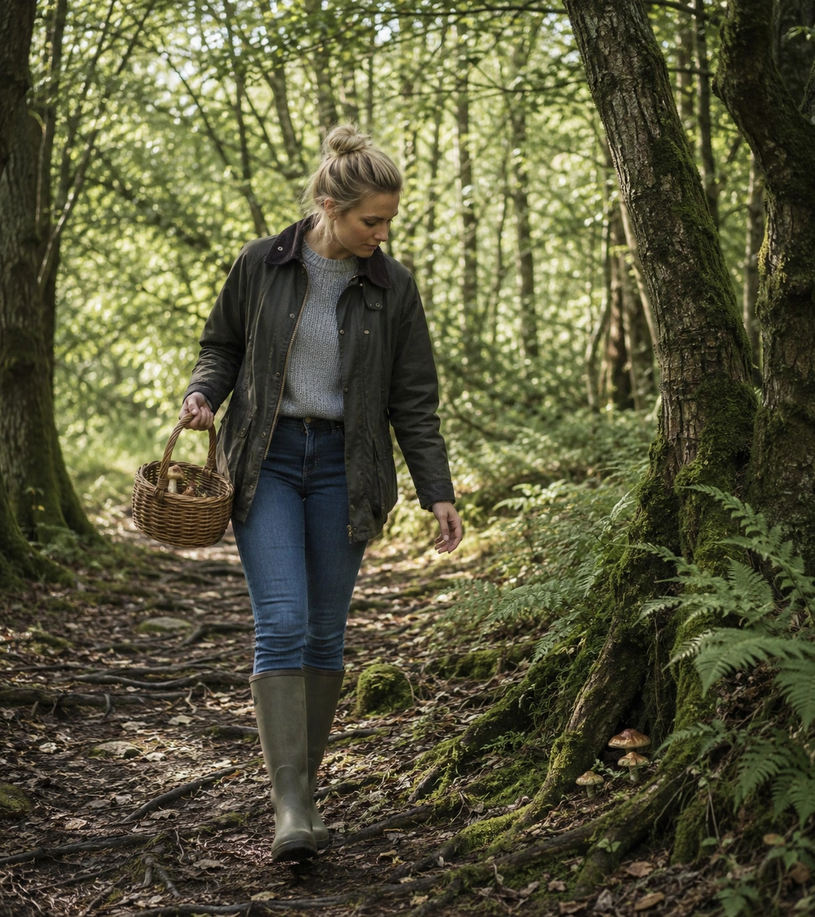 A woman hunting for woodland mushrooms