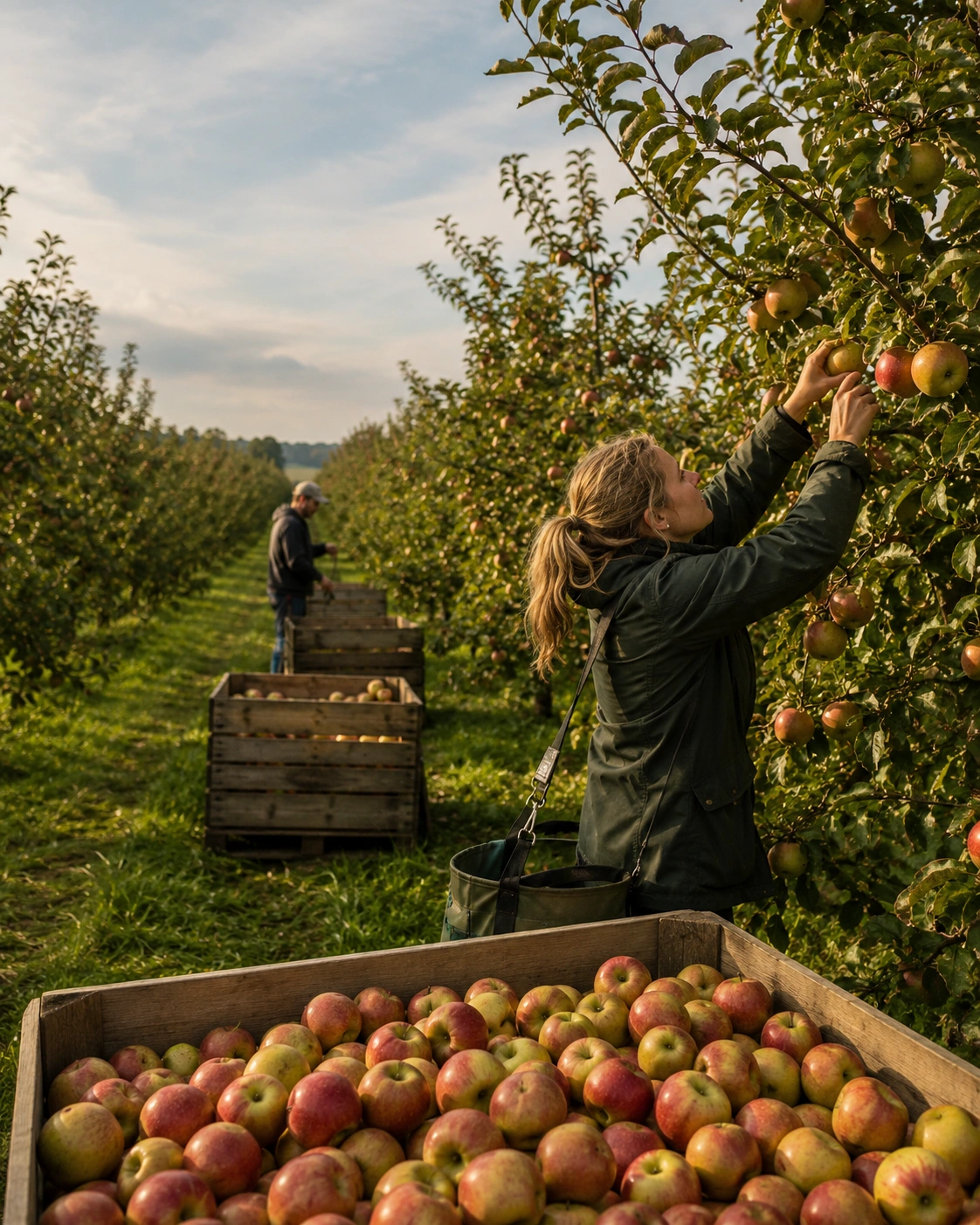 A woman picking an apple
