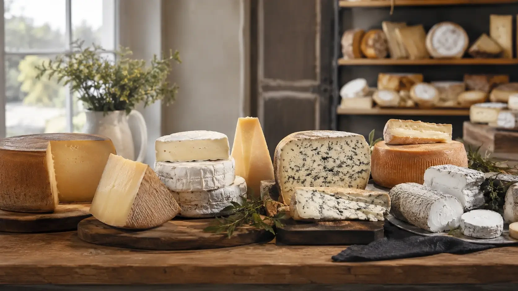 An assortment of cheese displayed on a wooden shop counter