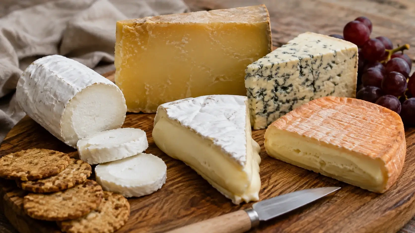 A cheese board with soft and blue cheeses, crackers and grapes