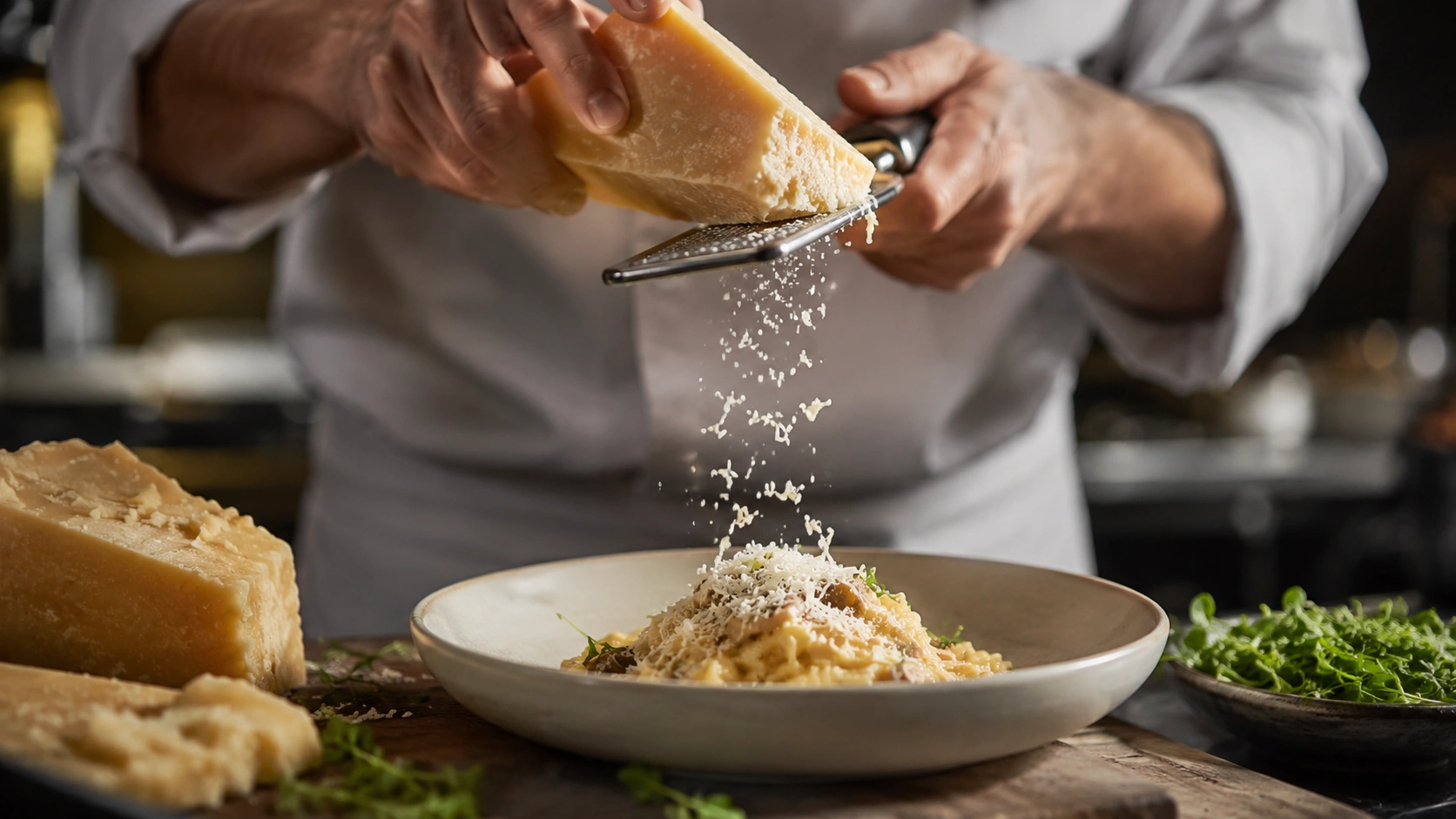 grating cheese on a freshly cooked dish