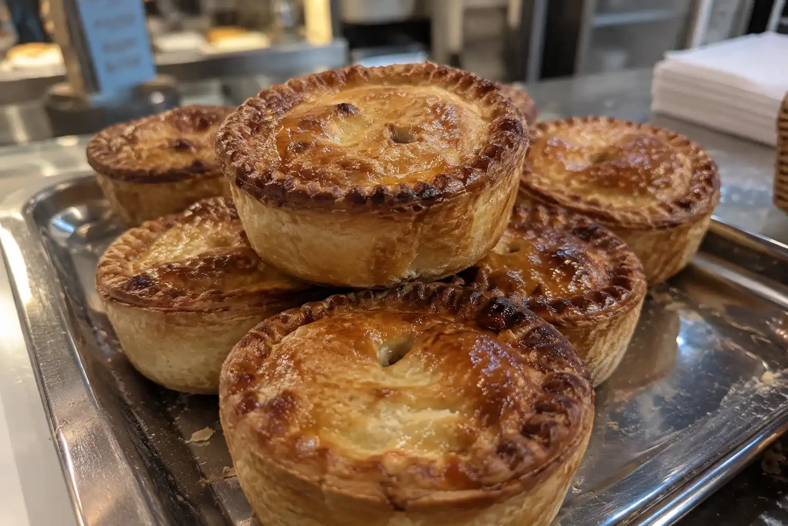 Golden individual pies stacked on a metal bakery tray