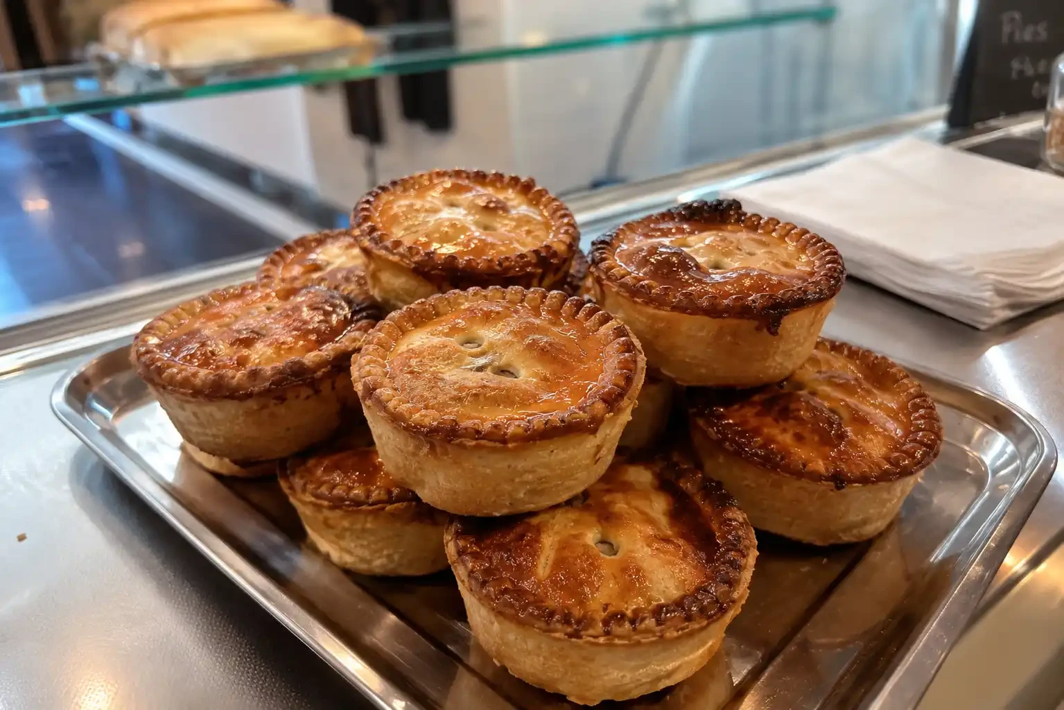 Small golden pies displayed on a bakery counter