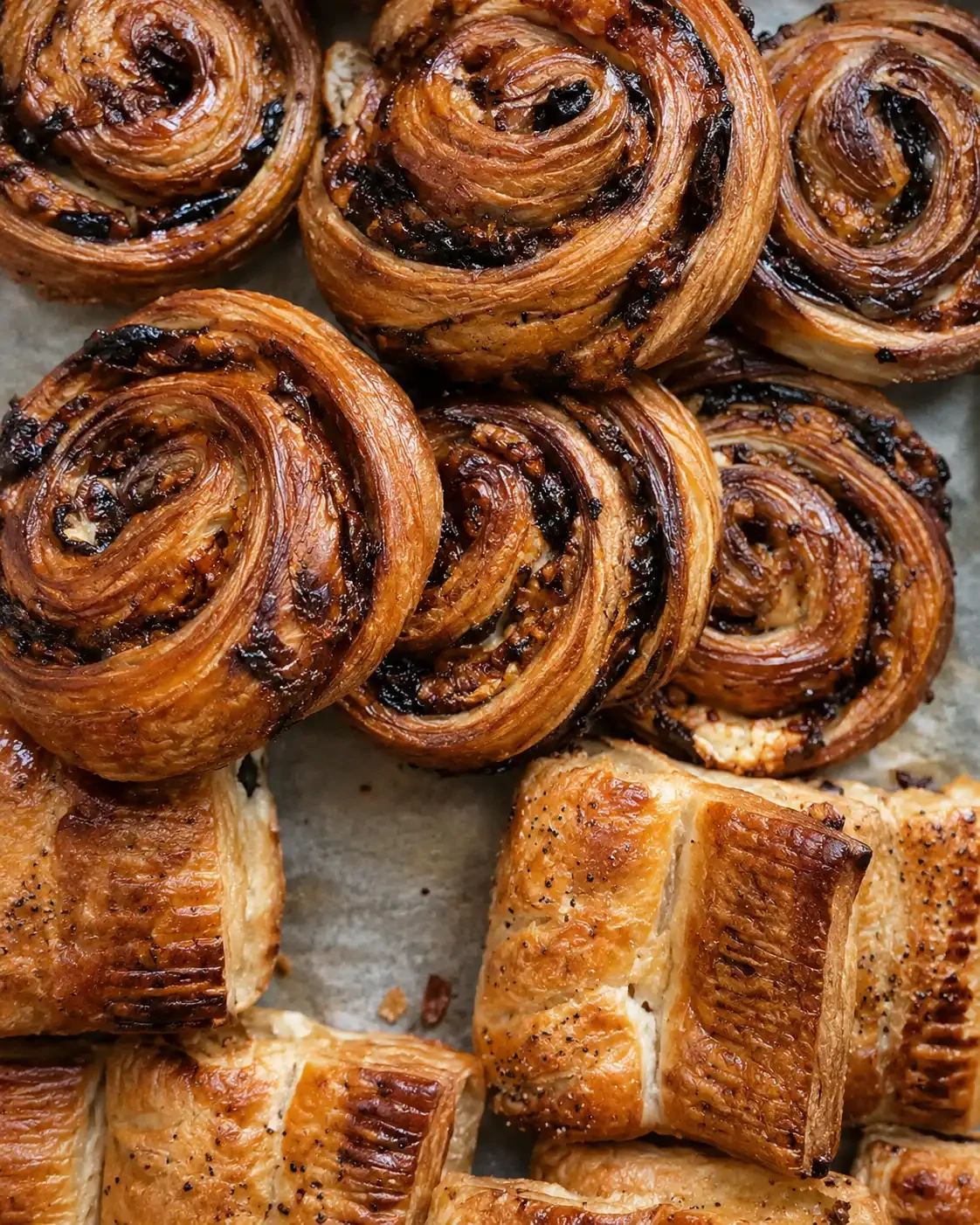 Spiral and rectangular pastries on a baking tray