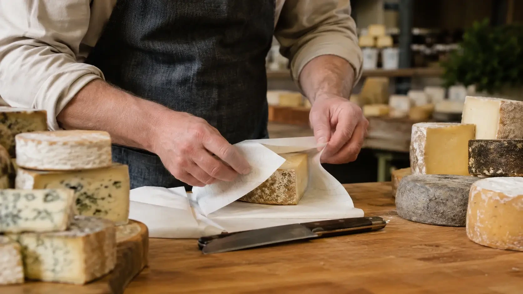 Hands wrapping a piece of cheese in paper