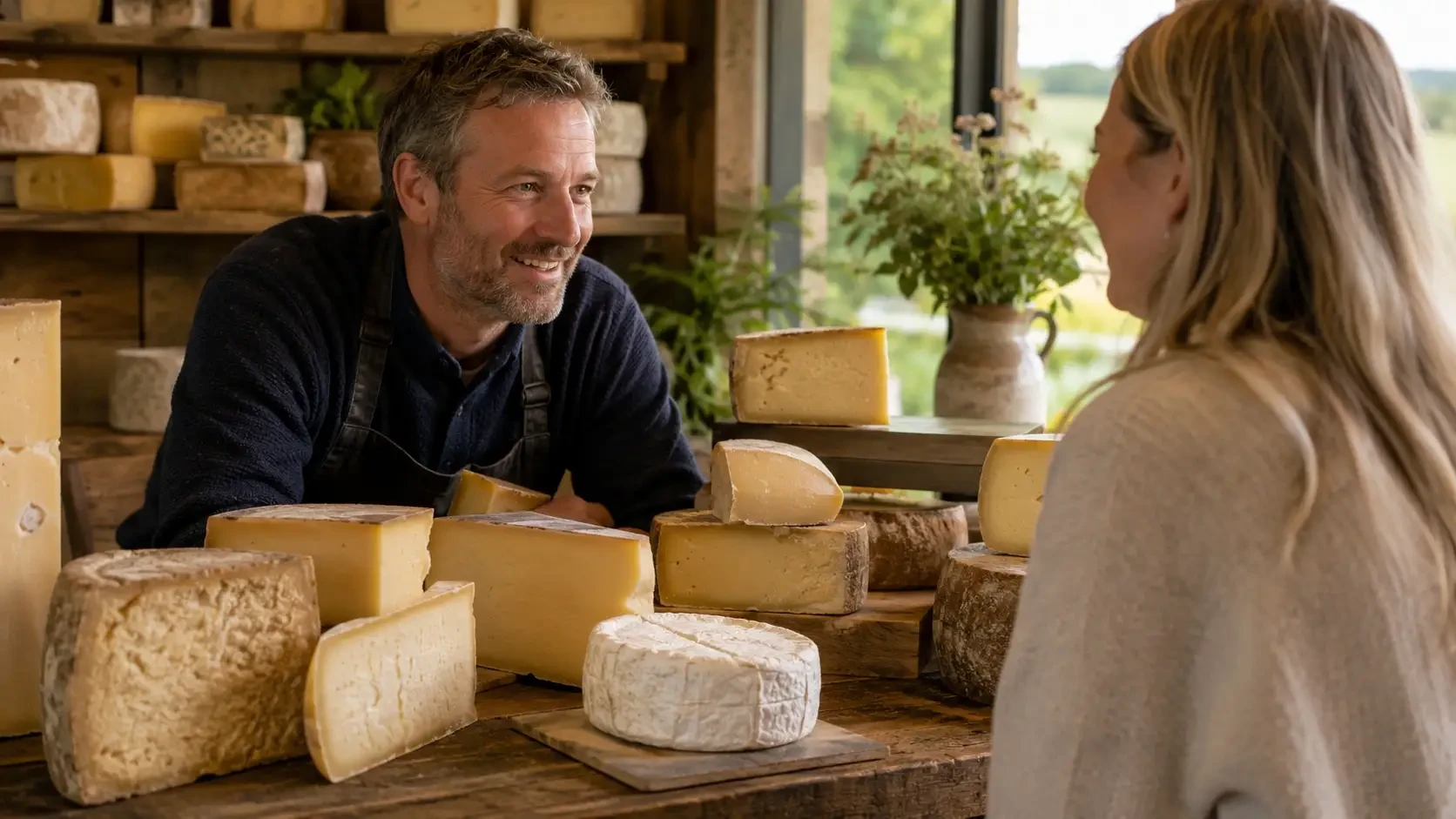 A cheesemonger talking to a customer across a cheese counter