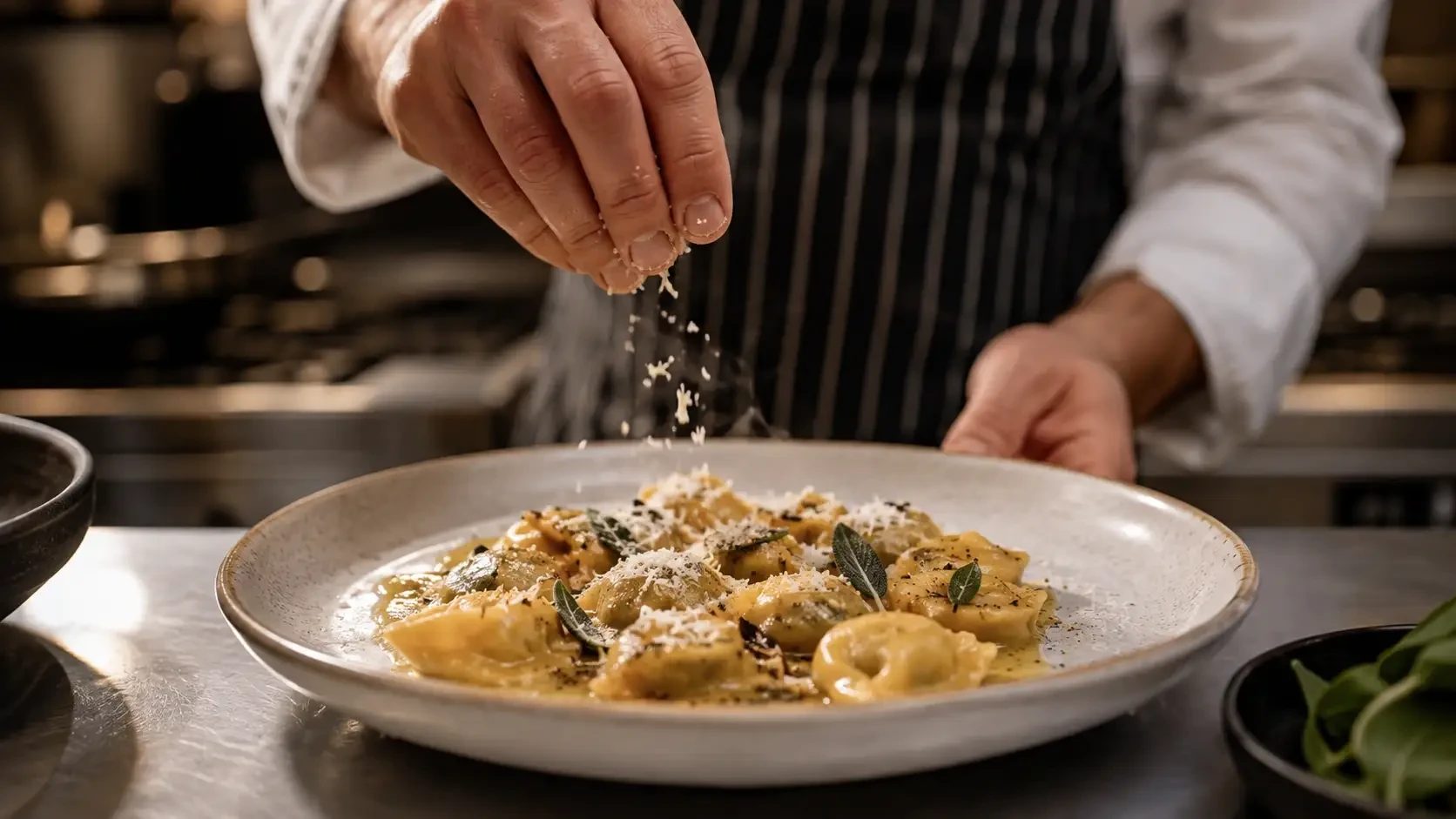 A cook sprinkling grated cheese over a plate of pasta