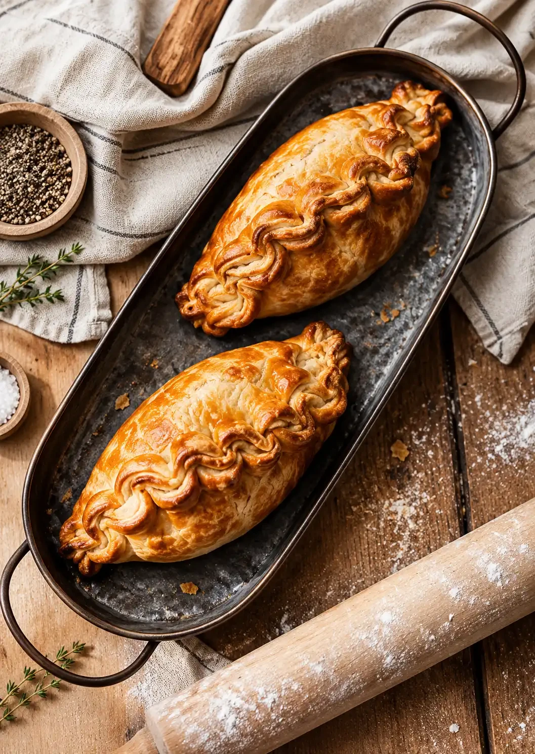 Two crimped pastries on a dark baking tray