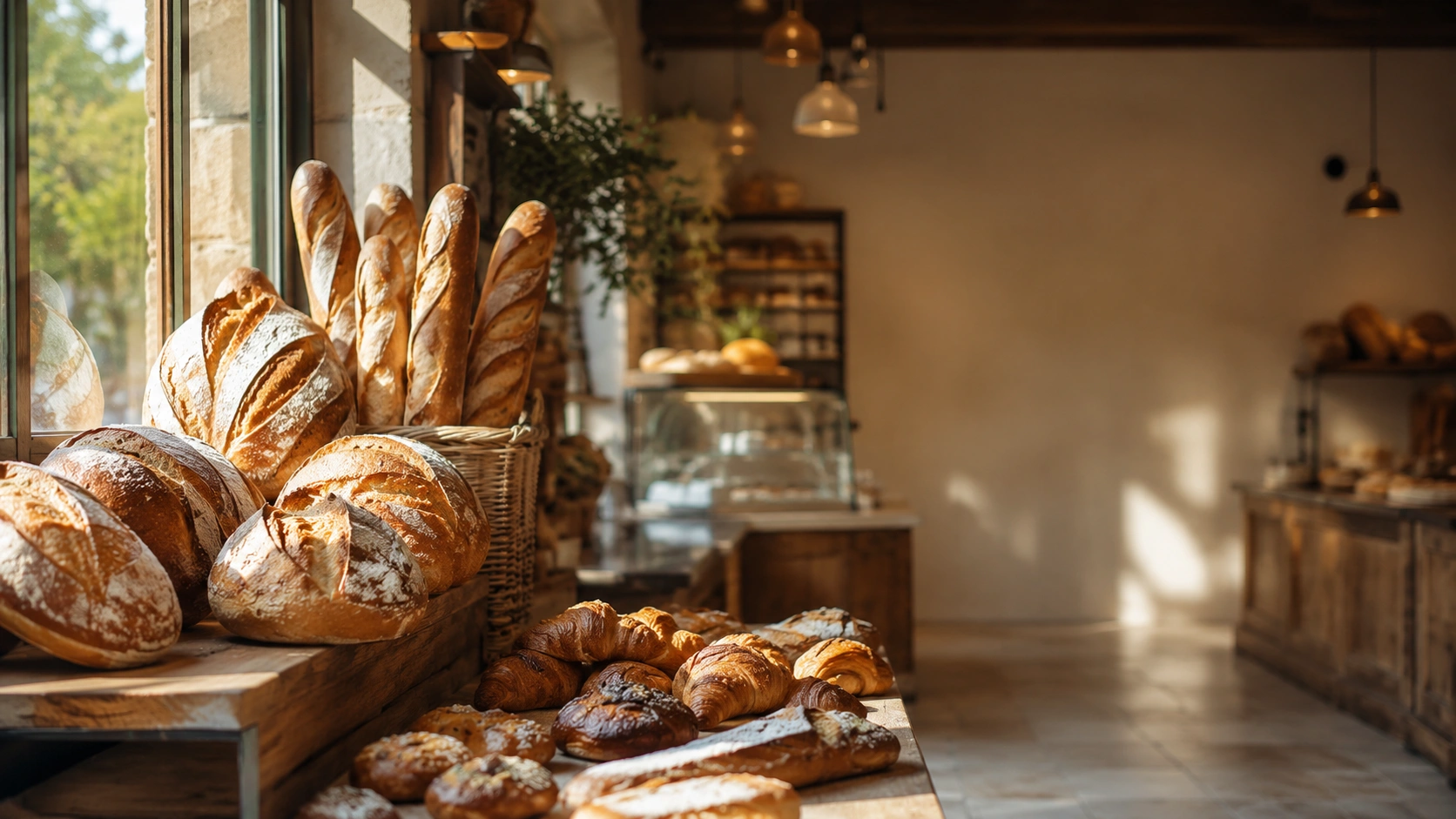 Fresh bread displayed inside a bakery