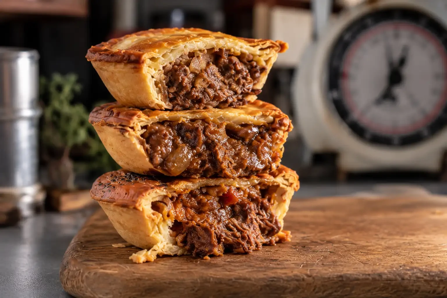 Halved savoury pies stacked to show their meat filling