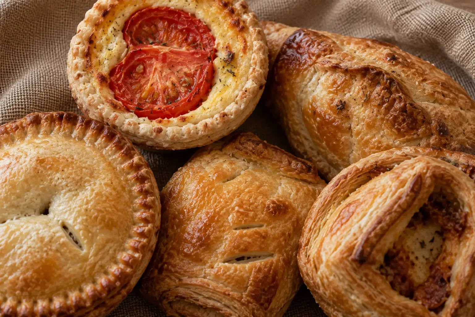 Selection of golden savoury pies and pastries