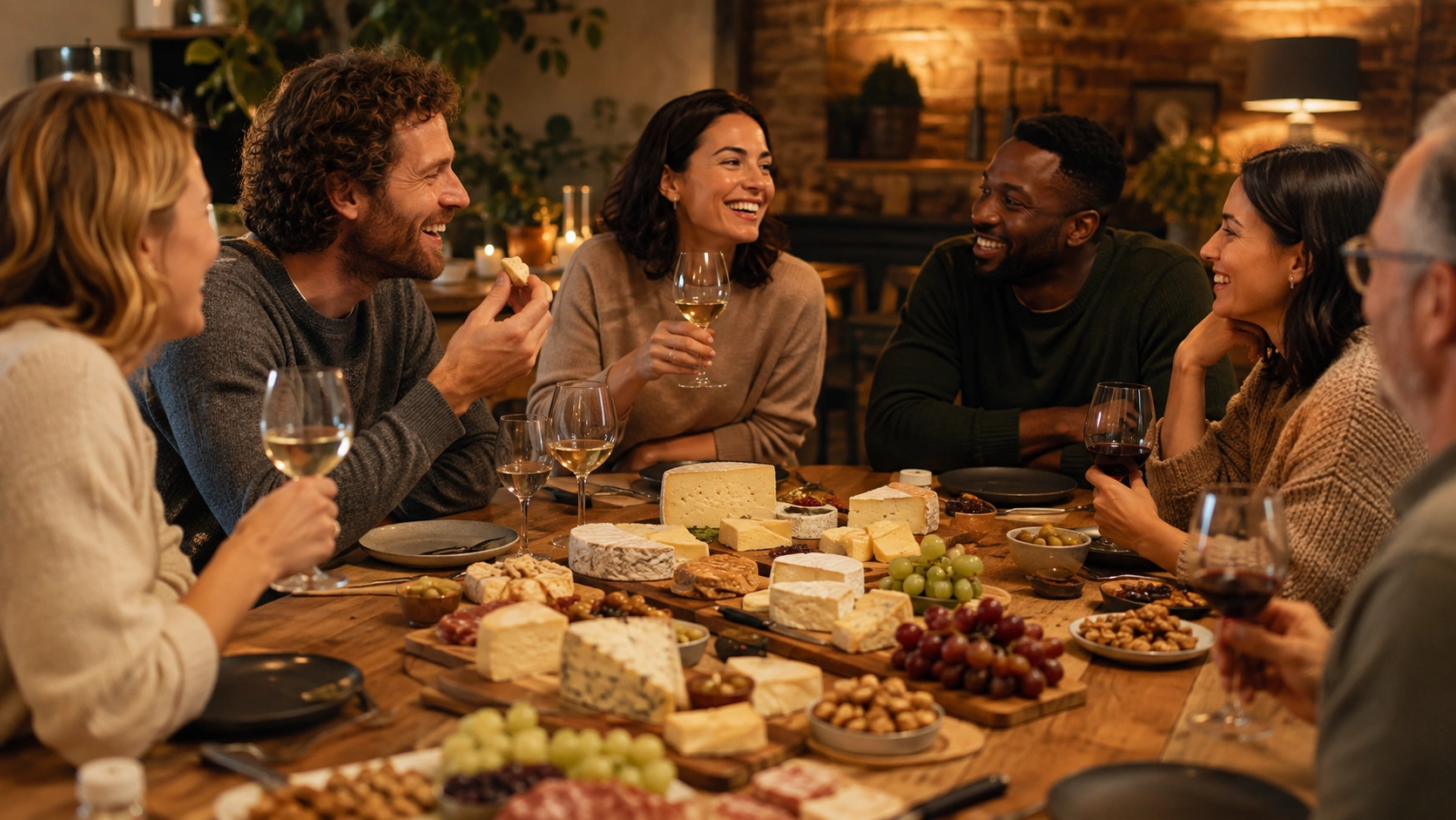 people enjoying cheese and wine