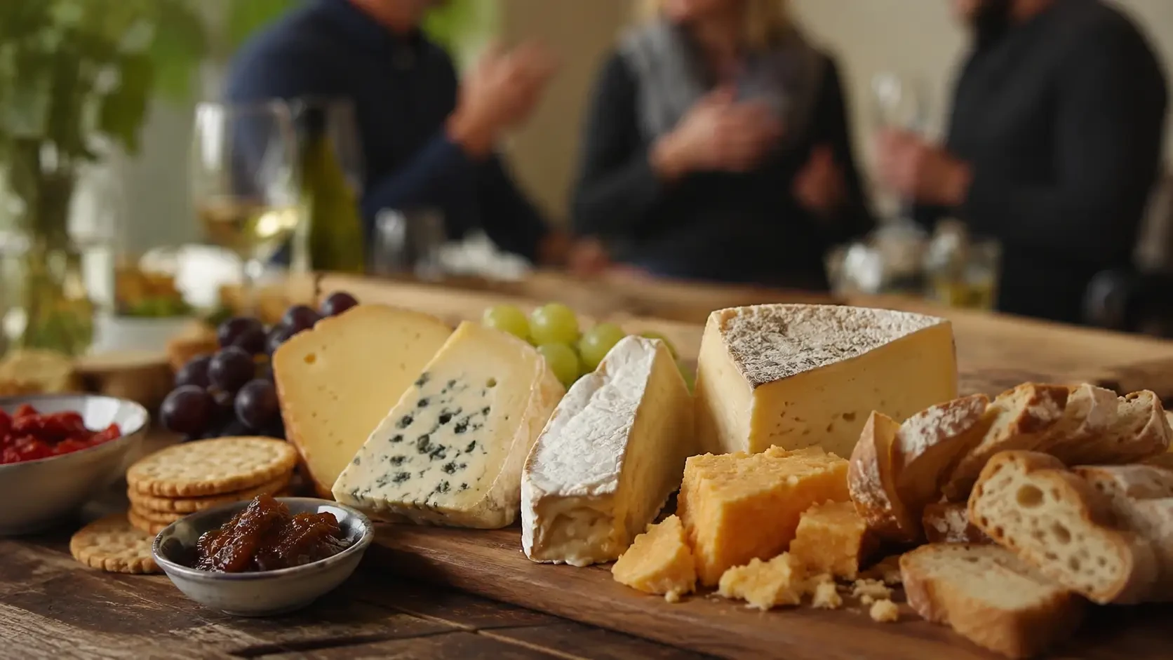 A selection of cheeses with bread, crackers and grapes
