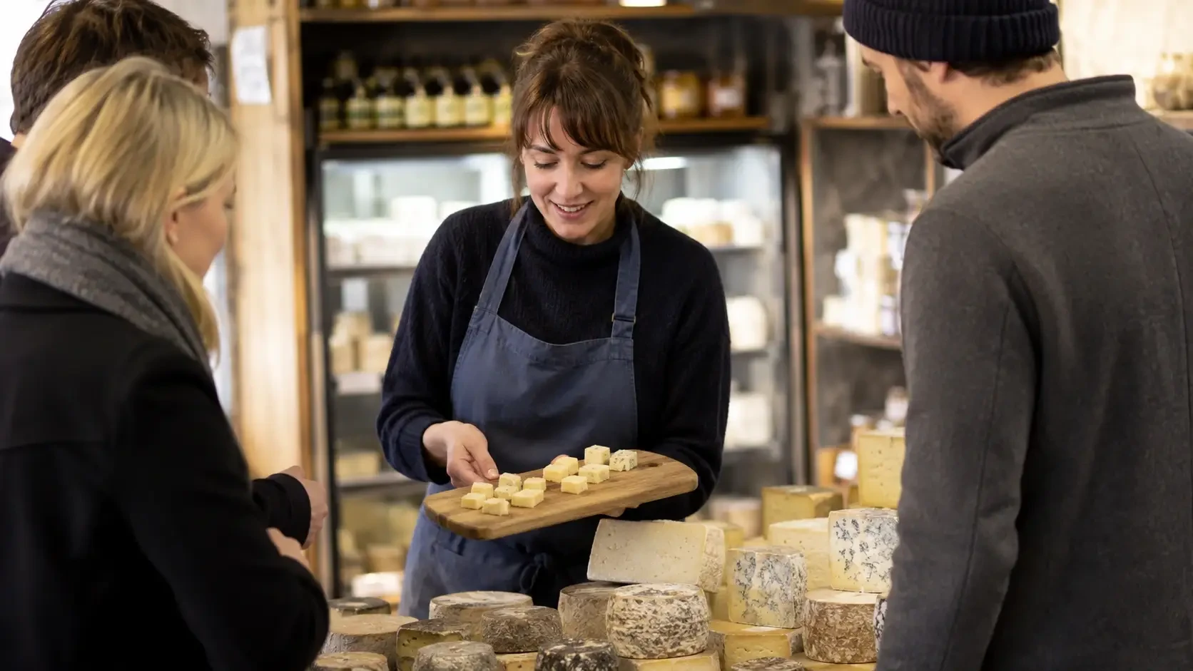 A cheesemonger offering samples to two customers