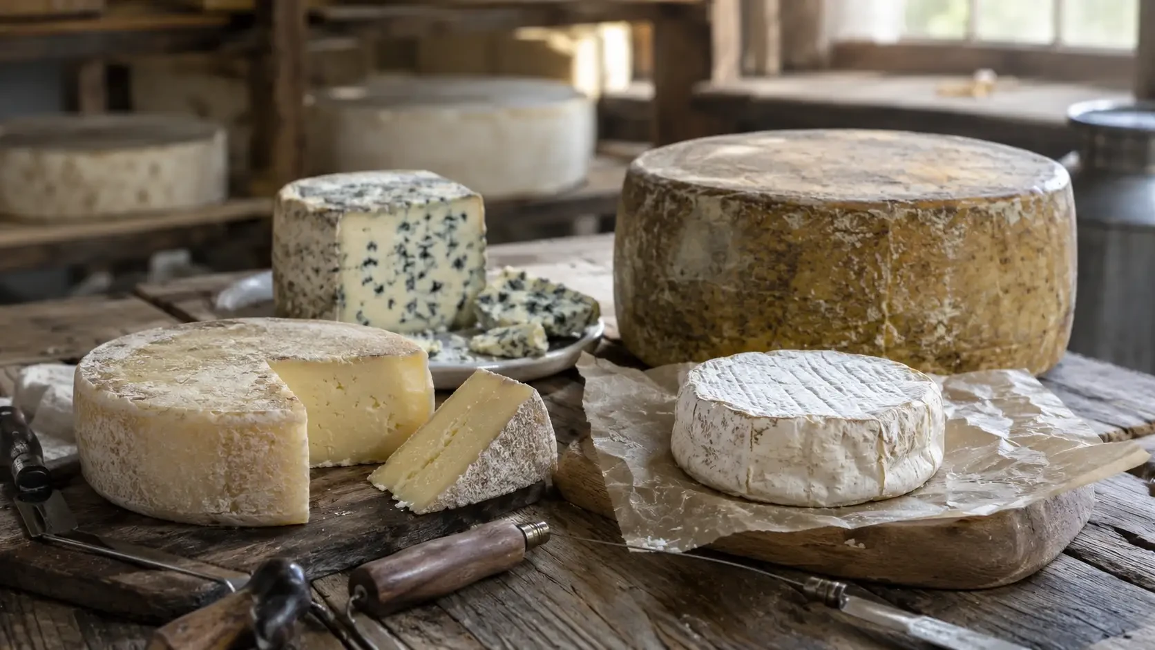 Cheese wheels and wedges on a wooden table
