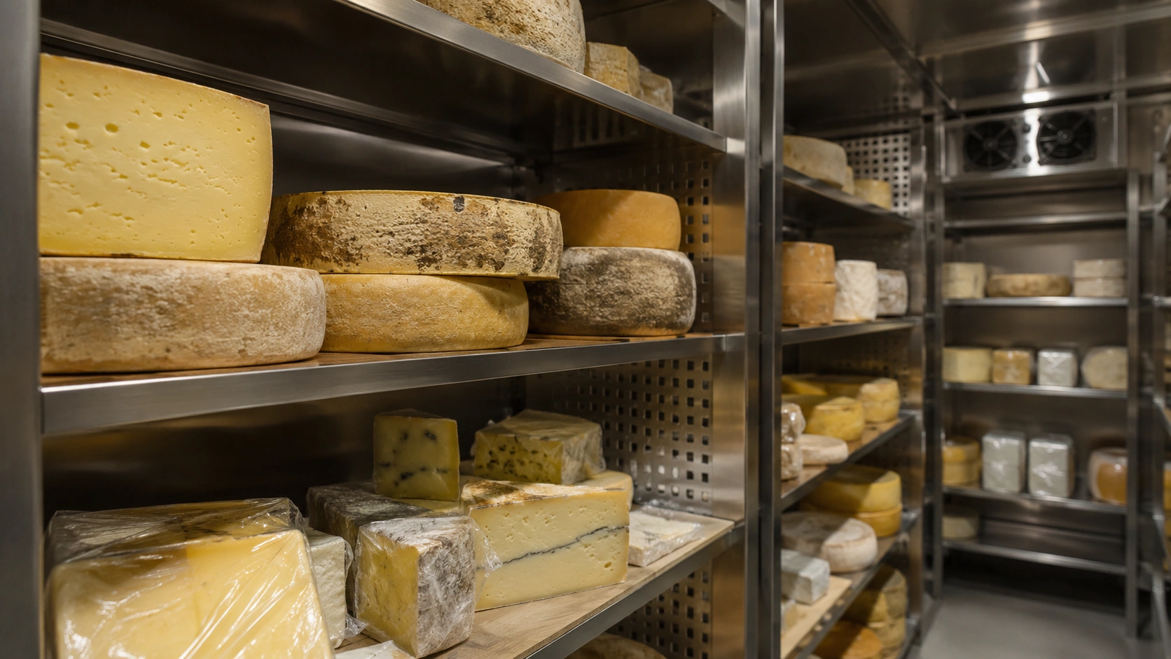 Wheels and blocks of cheese stored on metal shelves
