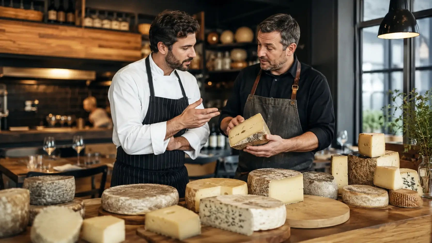 Two people discussing a cheese wheel behind a shop counter