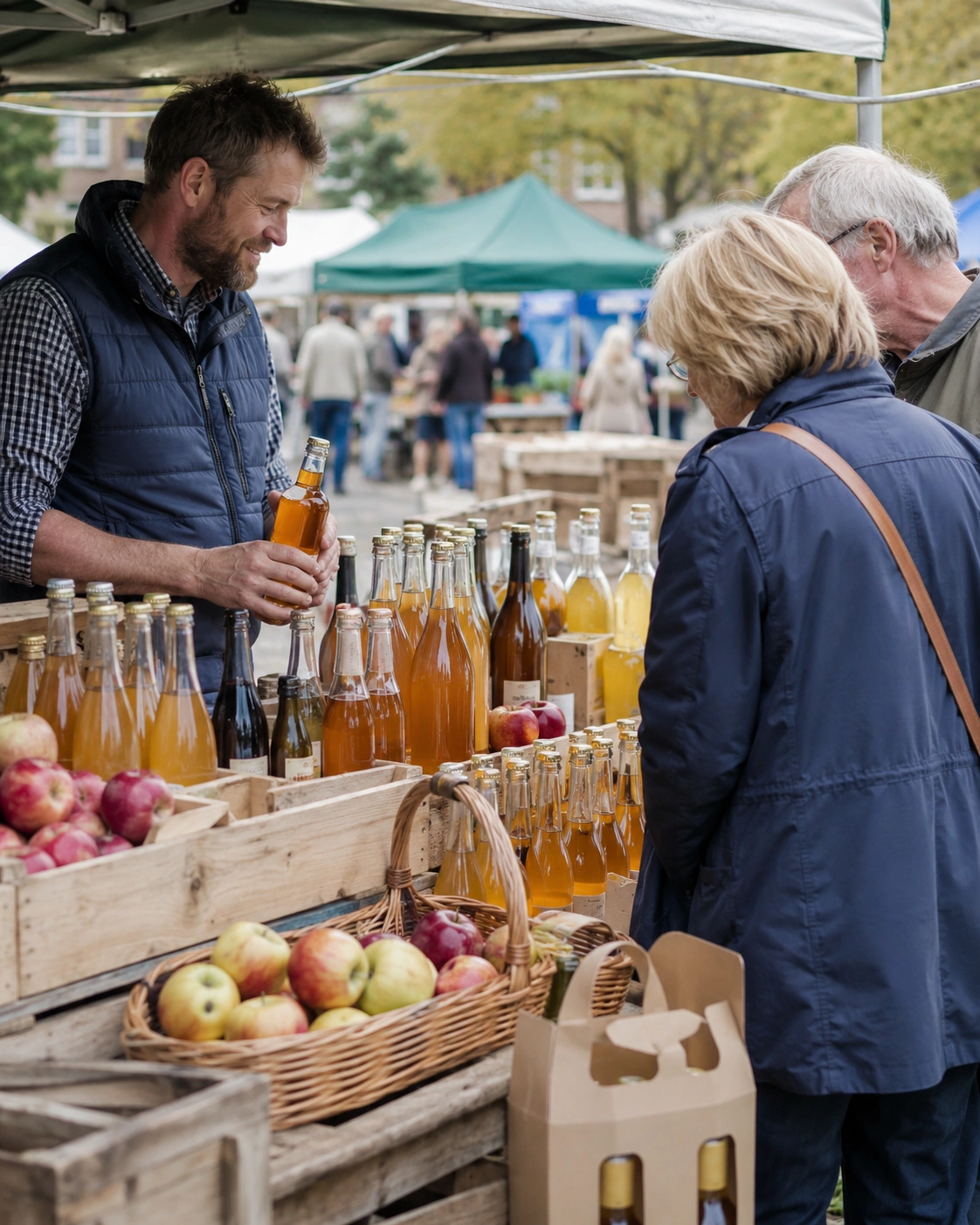 A man selling cider to a community