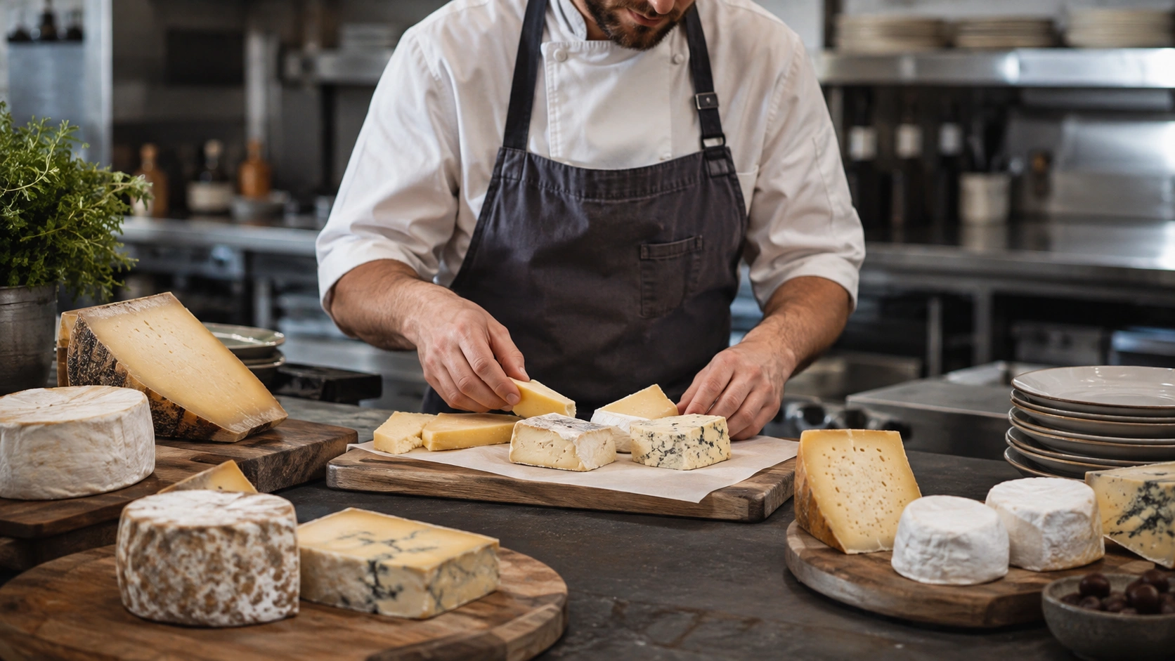Person cutting cheese beside an assortment of cheeses