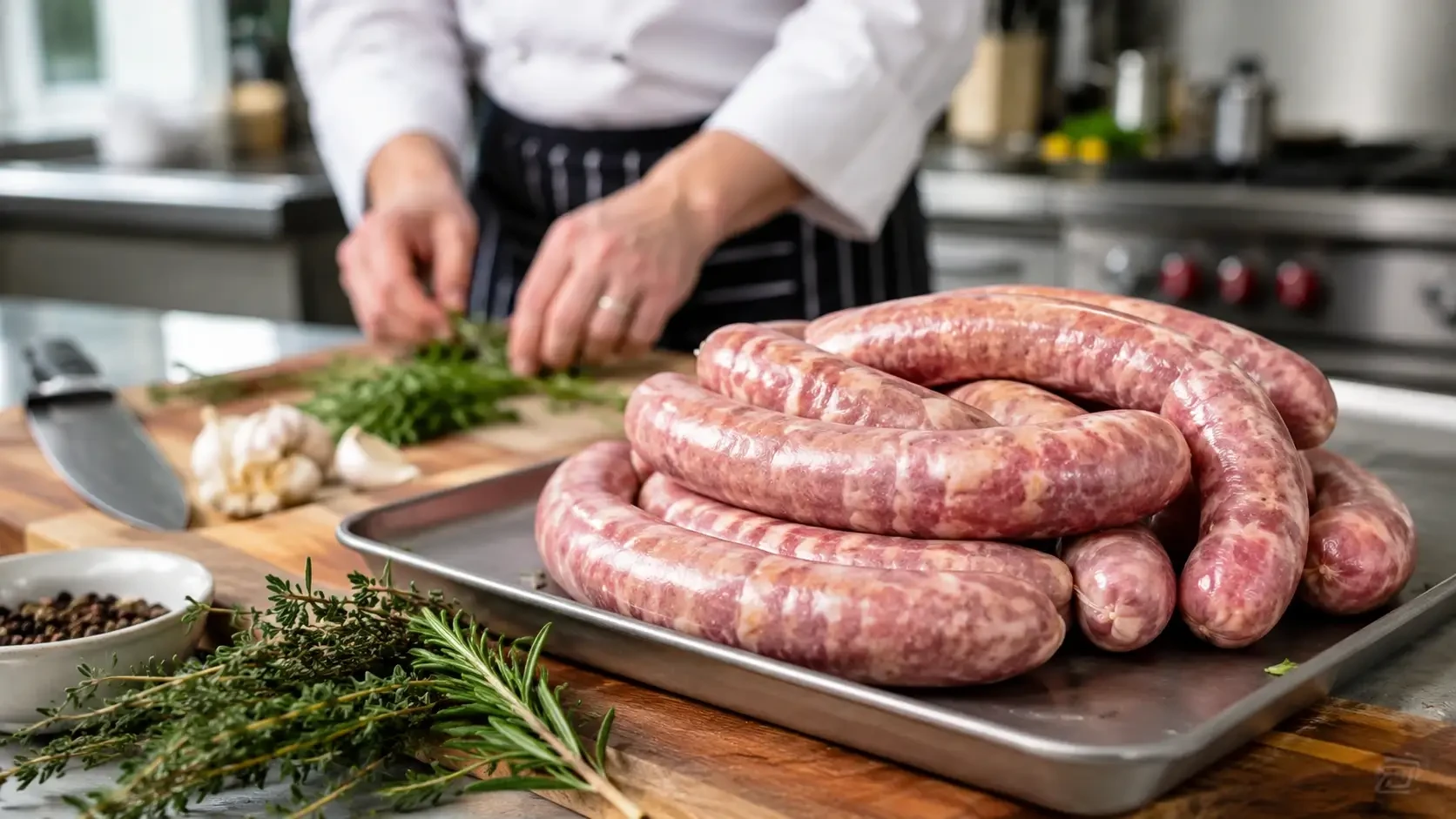 Coiled raw sausages on a tray while a cook chops herbs