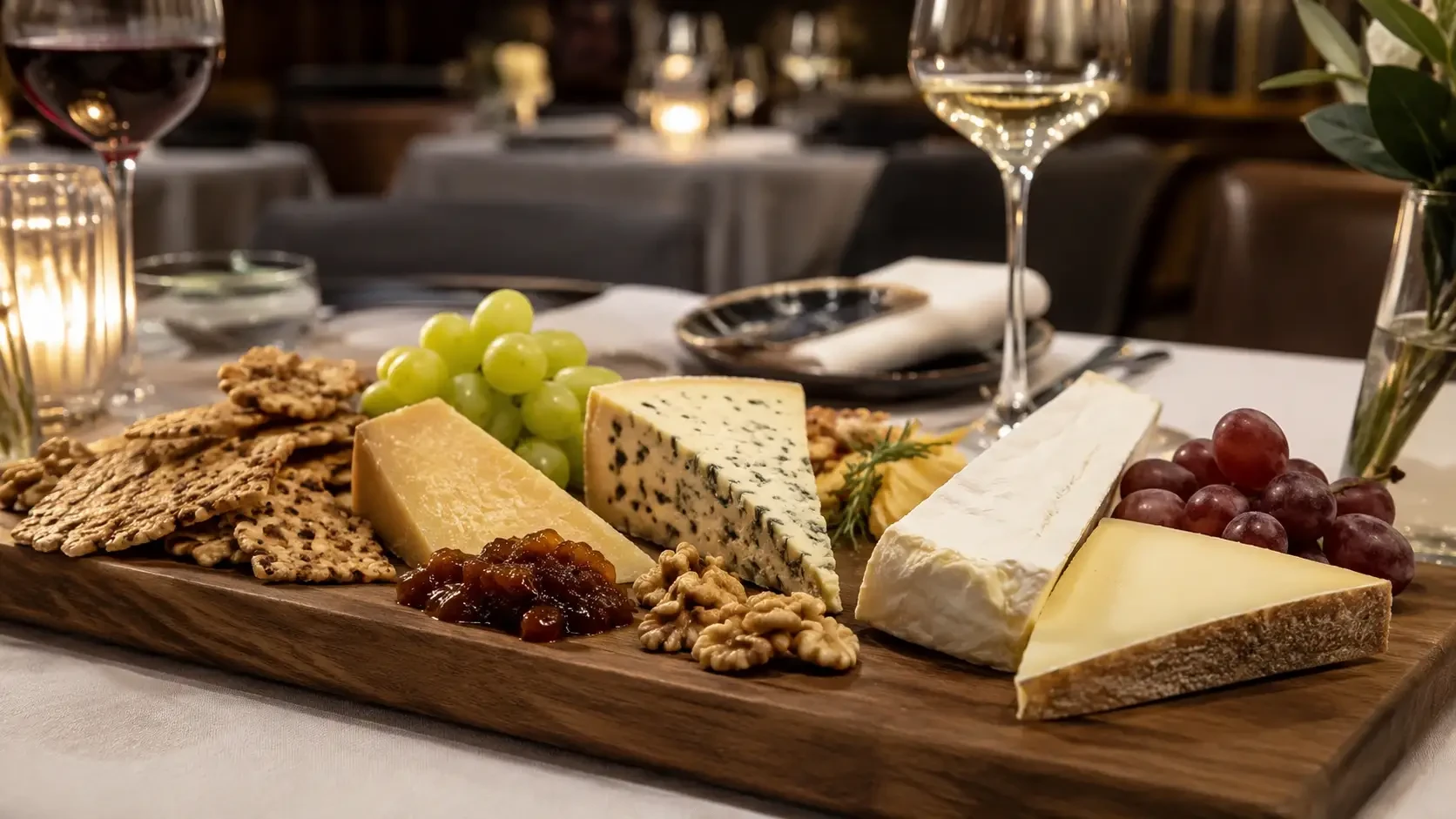 Cheese, grapes, walnuts and crackers served beside wine glasses