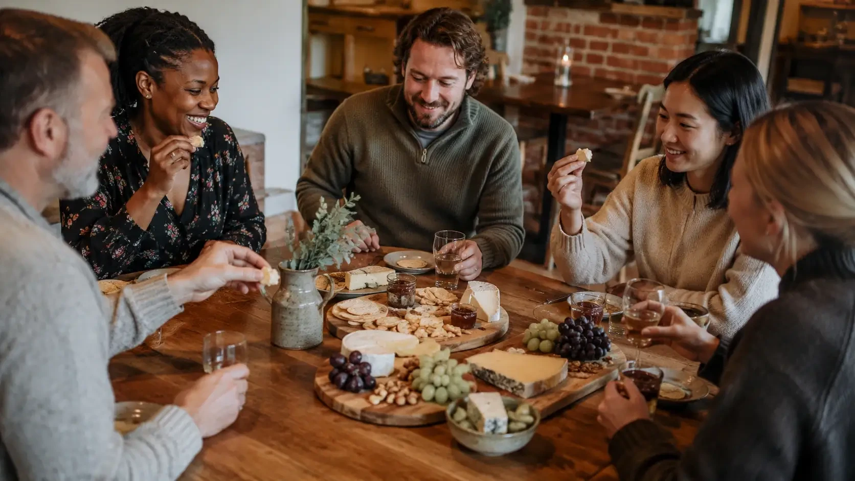 Friends tasting cheese around a wooden table