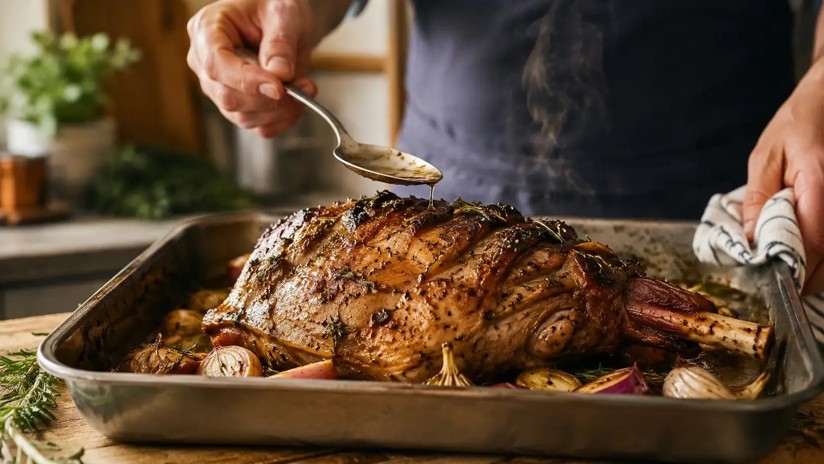 Cook basting a roasted leg of lamb in a roasting tray