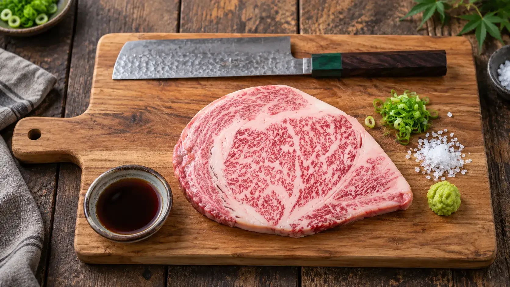 A heavily marbled raw steak beside a knife and seasonings