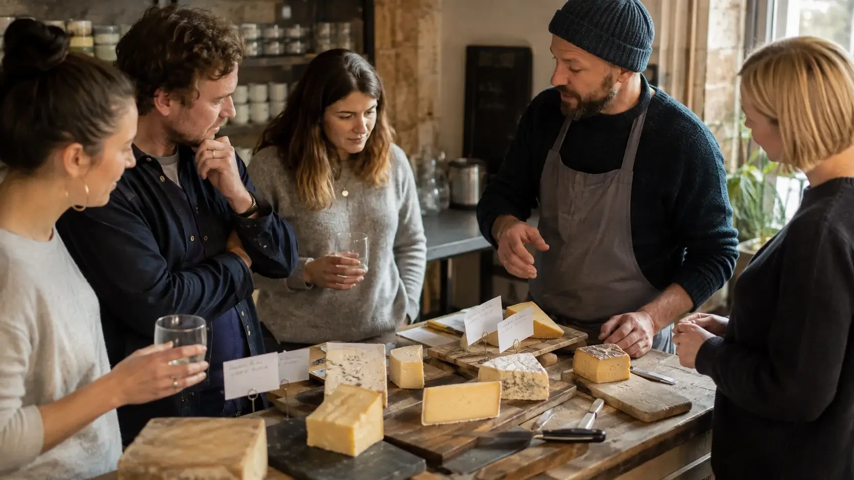 A cheesemonger explaining different cheeses to a small group
