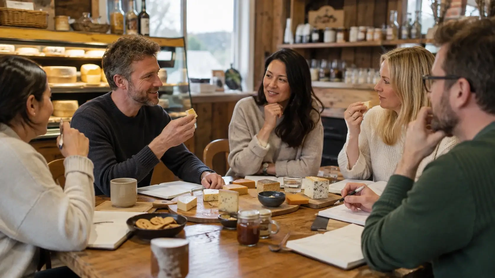 People sharing cheese and talking around a table