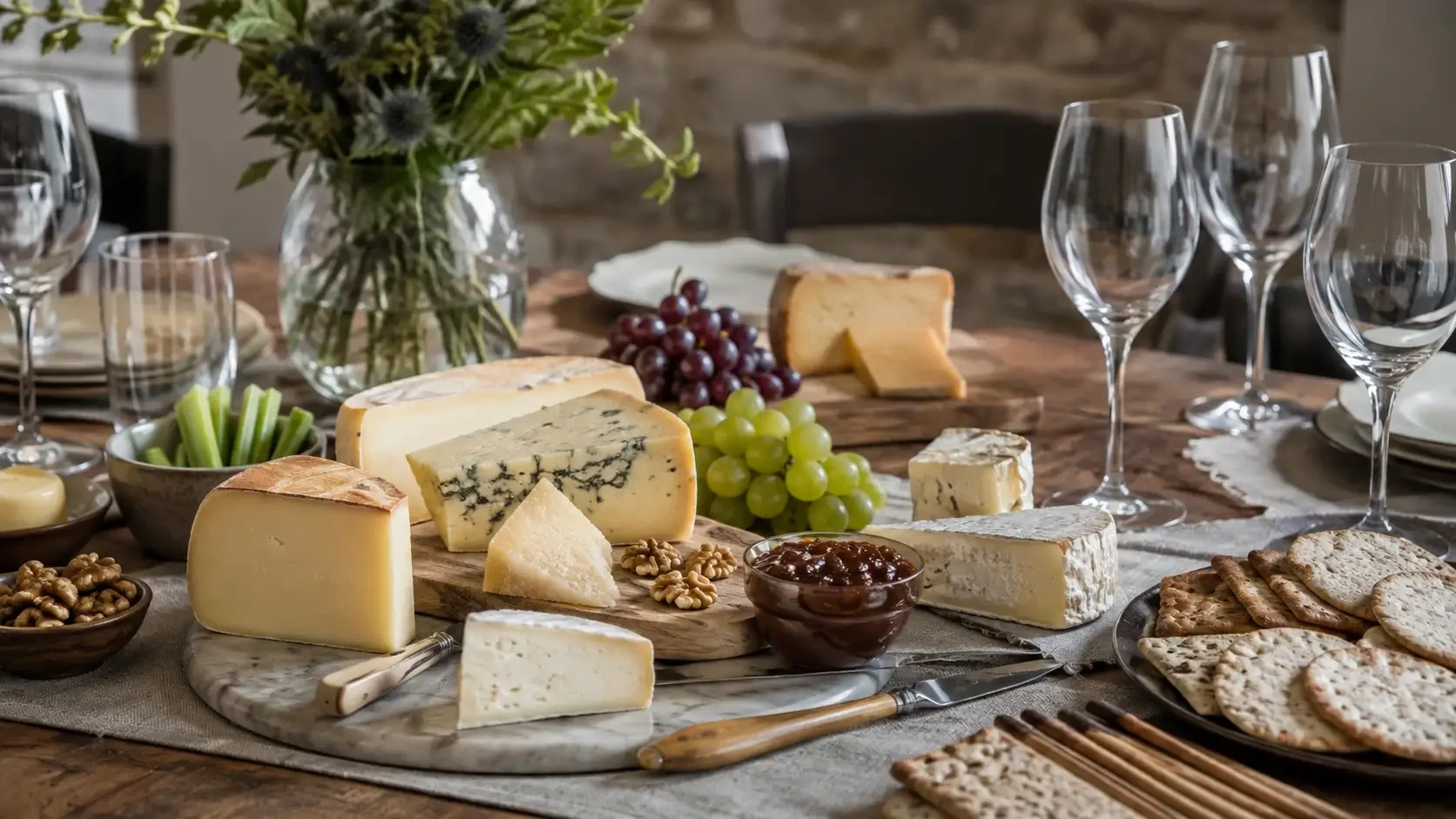 A table set with cheese, grapes, crackers and empty wine glasses