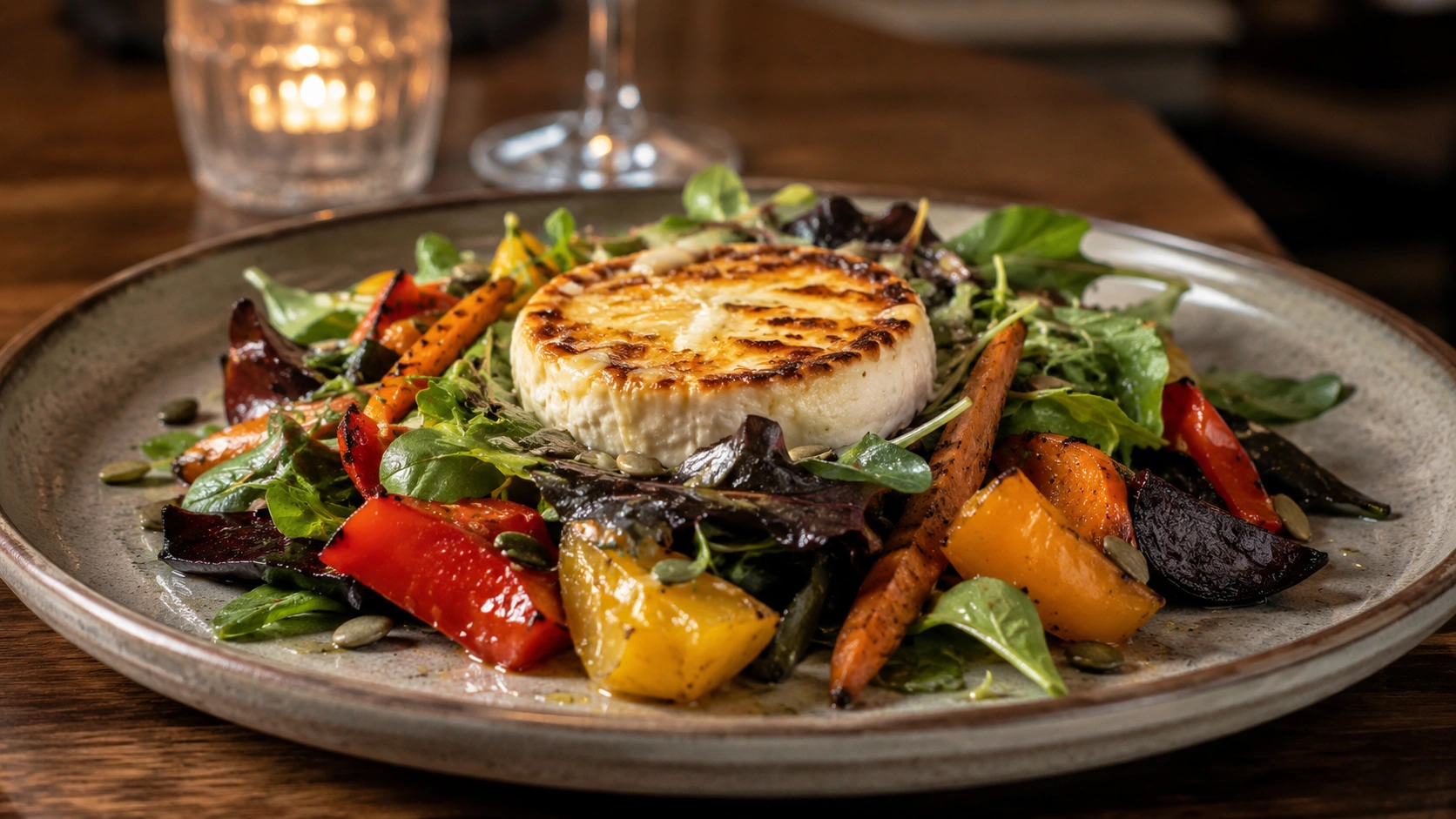 Grilled cheese served over salad and roasted vegetables