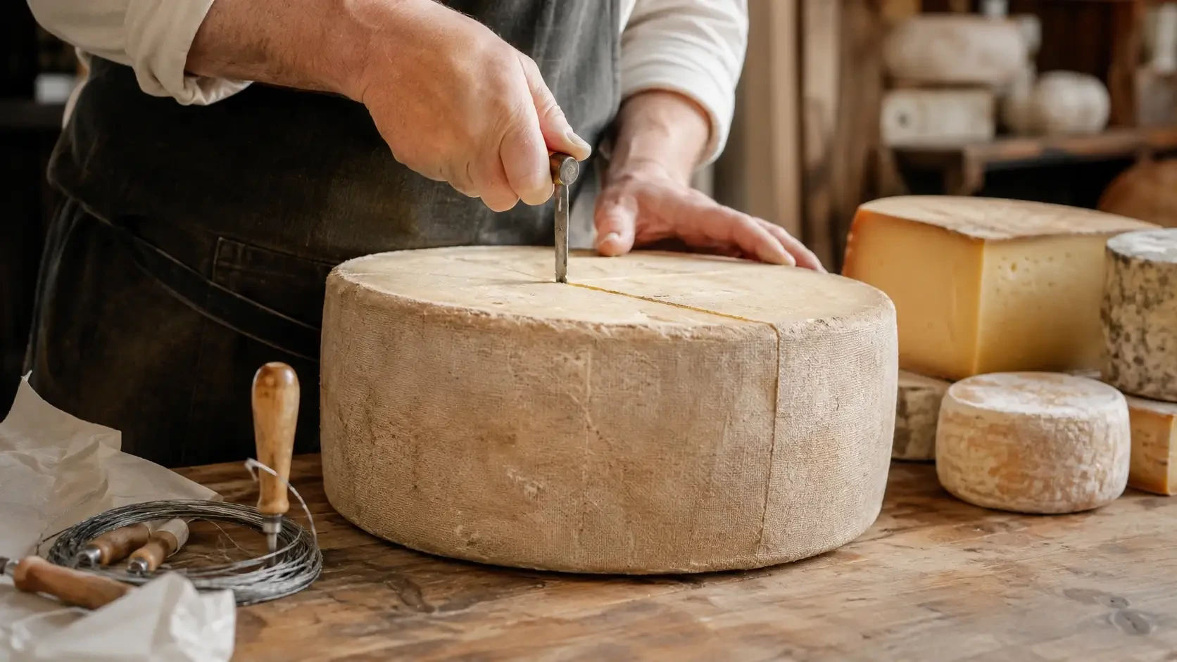 Hands cutting a large cheese wheel on a shop counter