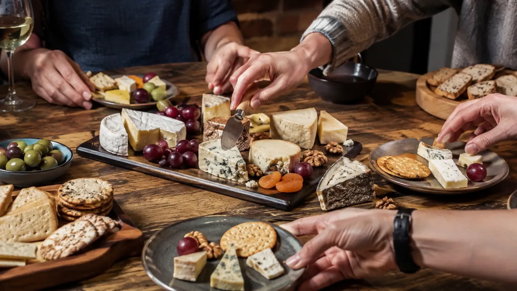 Hands sharing cheeses, crackers, olives and grapes