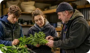 Three people discussing young plants in a growing space