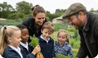 Farmer teaching children about growing vegetables outdoors