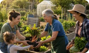 People sharing freshly grown vegetables in a community garden