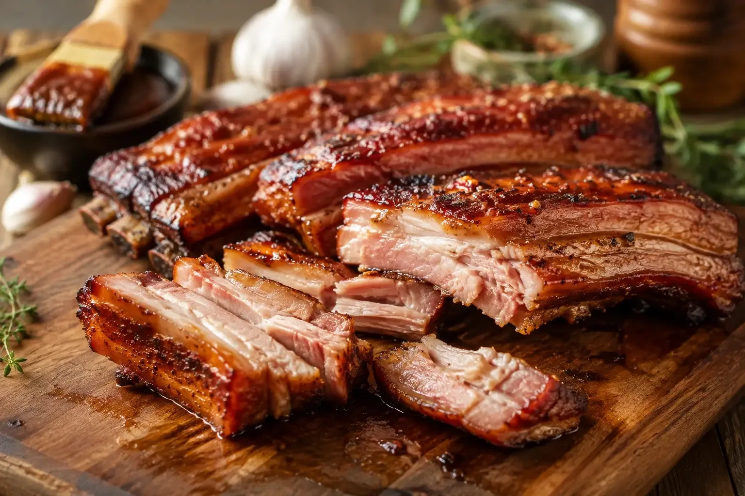 Glazed cooked ribs cut into thick pieces on a wooden board