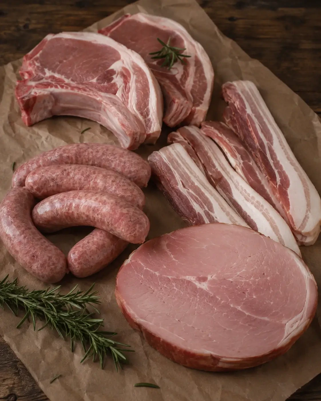 Pork chops, sausages, bacon and a round cut of meat on a board