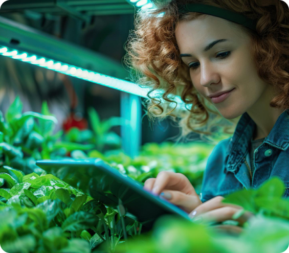 Woman inspecting young plants under growing lights