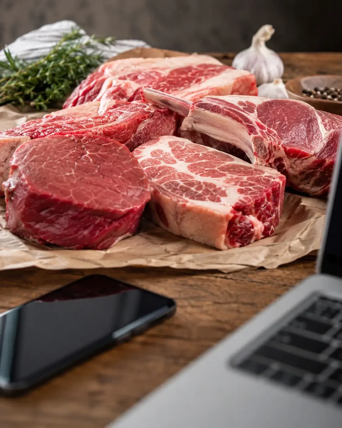 Cuts of raw meat beside a phone and laptop