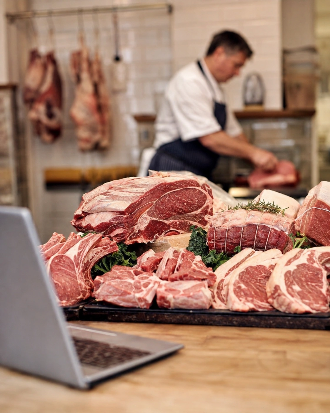 a butcher with a laptop