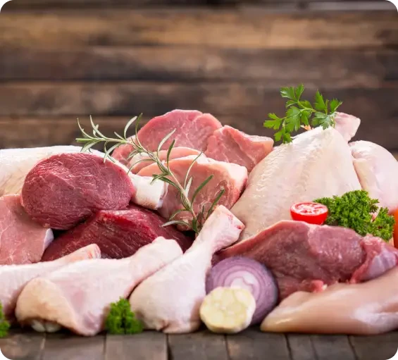 An assortment of raw meat and chicken pieces with herbs