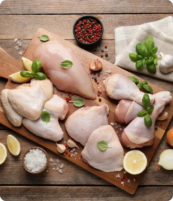 Raw chicken pieces arranged with garlic, herbs and lemon