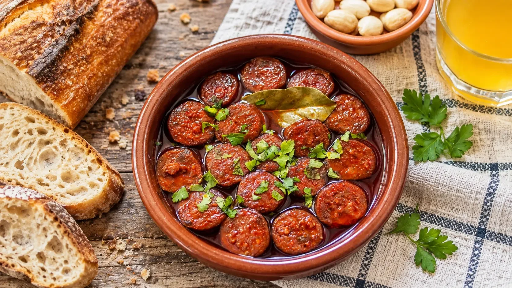 Cooked sausage slices in a dish beside crusty bread