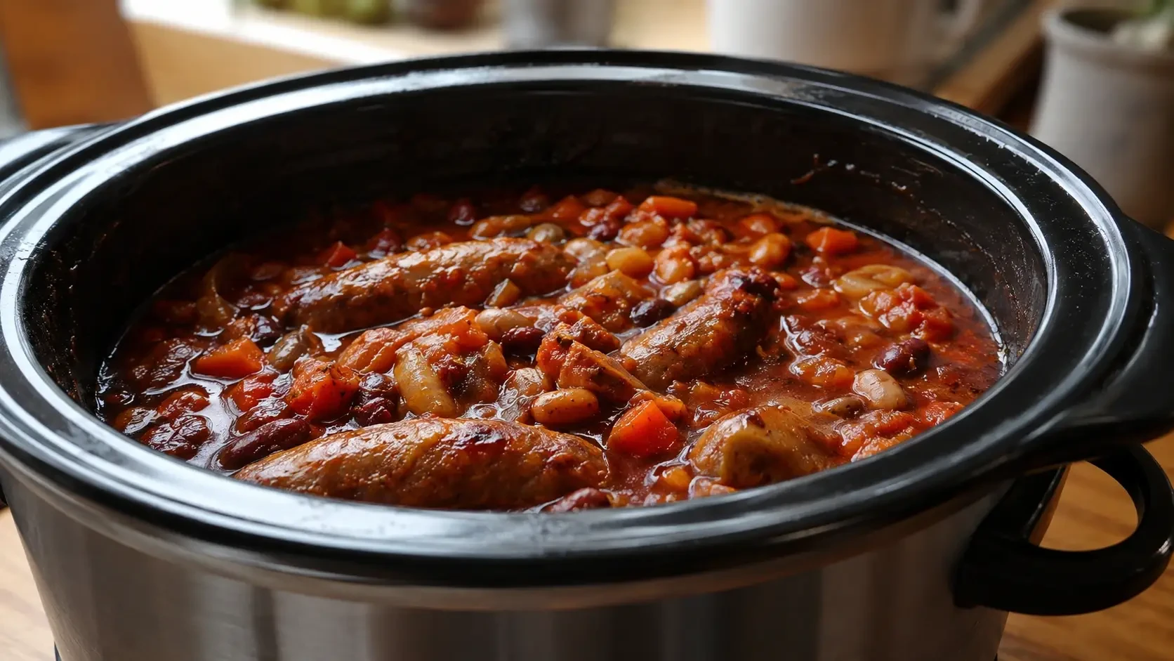 Sausage casserole cooking in a slow cooker