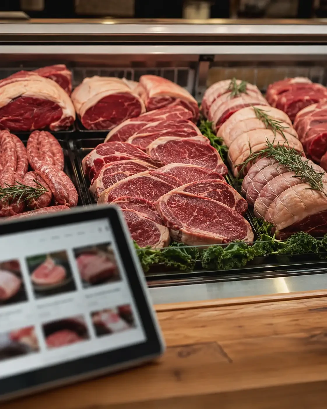 A butcher's meat display beside a tablet showing product photographs