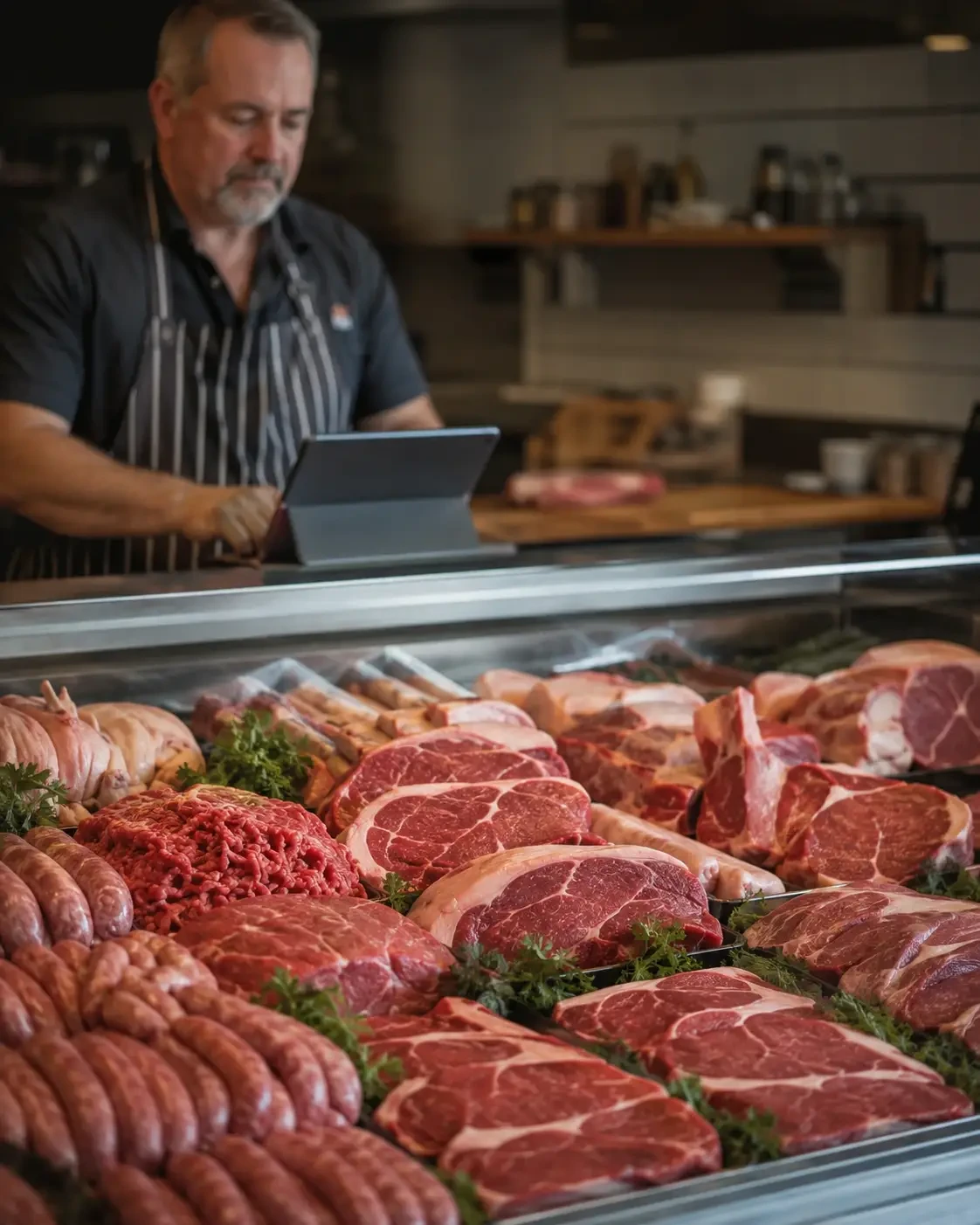 A butcher using a tablet behind a meat counter